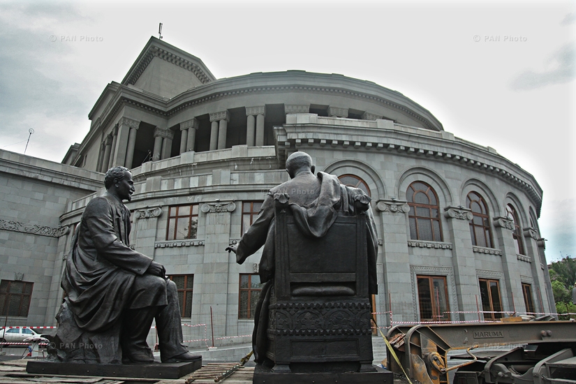 The monuments to Hovhannes Tumanyan and Alexander Spendiaryan were re-inaugurated in Liberty Square. Yerevan, Armenia