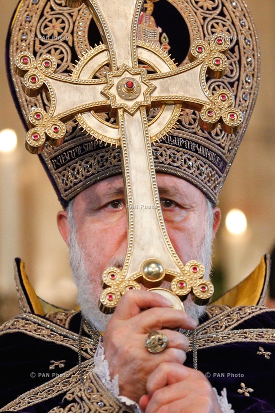 Catholicos of All Armenians Karekin II during the Christmas Liturgy serving ceremony at Mother See of Holy Etchmiadzin, Armenia