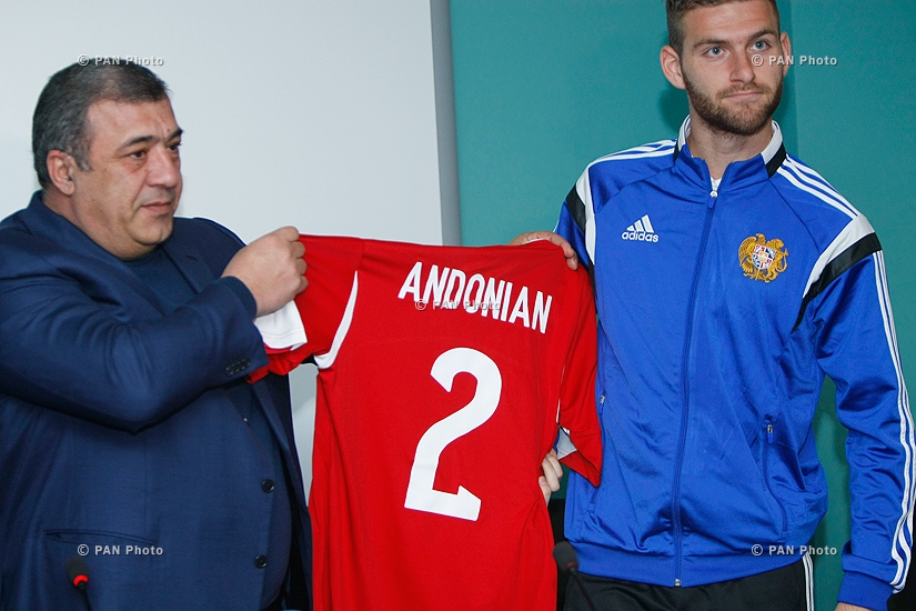 AFF President Ruben Hayrapetyan introduces new players of national football team Gaël Andonian and Ruslan Korian