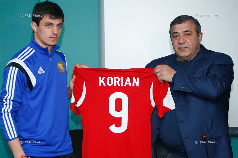 AFF President Ruben Hayrapetyan introduces new players of national football team Gaël Andonian and Ruslan Korian