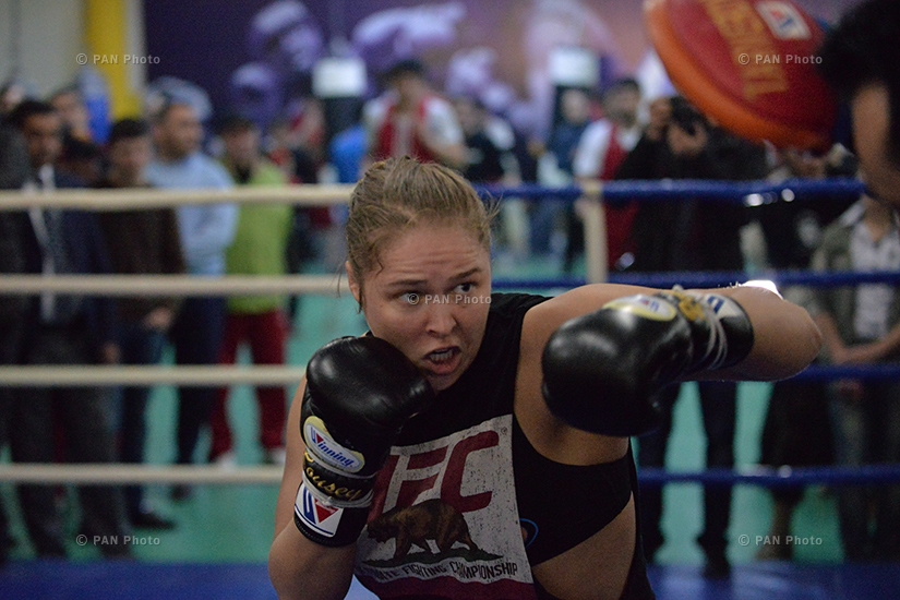 American mixed martial artist, judoka and actress Ronda  Rousey participates in an exhibition training with the Armenian national team