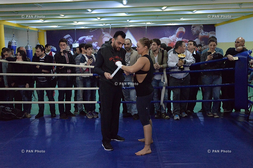 American mixed martial artist, judoka and actress Ronda  Rousey participates in an exhibition training with the Armenian national team