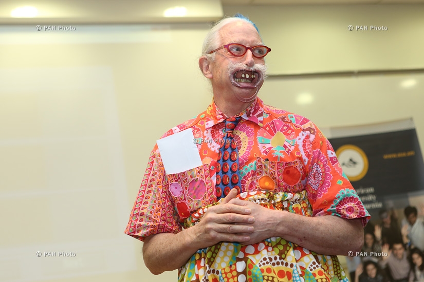 Meeting with medical doctor, clown Patch Adams at American University of Armenia (AUA)