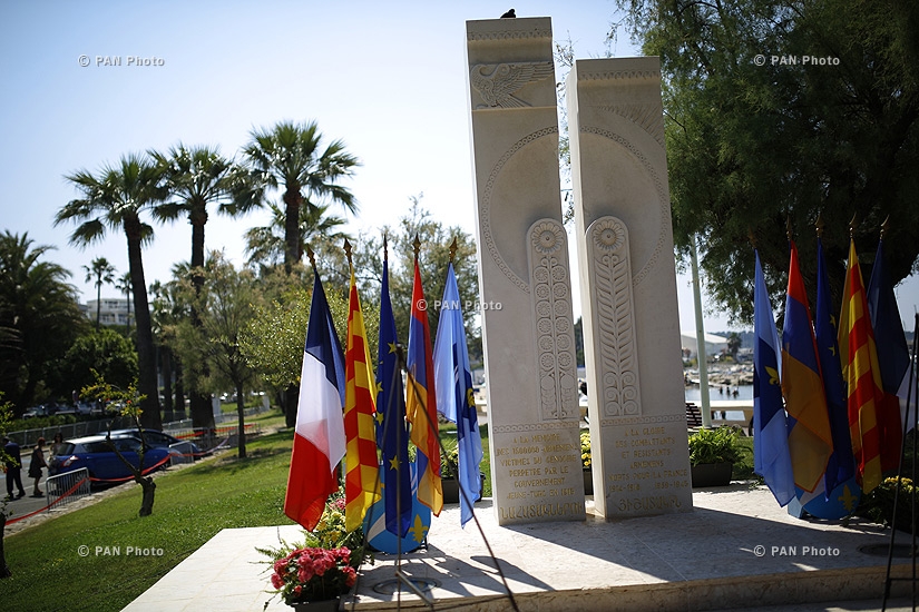 Armenian delegation led by president Serzh Sargsyan and Charles Aznavour laid flowers at the memorial to victims of Armenian genocide in Cannes