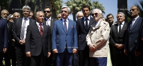 Armenian delegation led by president Serzh Sargsyan and Charles Aznavour laid flowers at the memorial to victims of Armenian genocide in Cannes