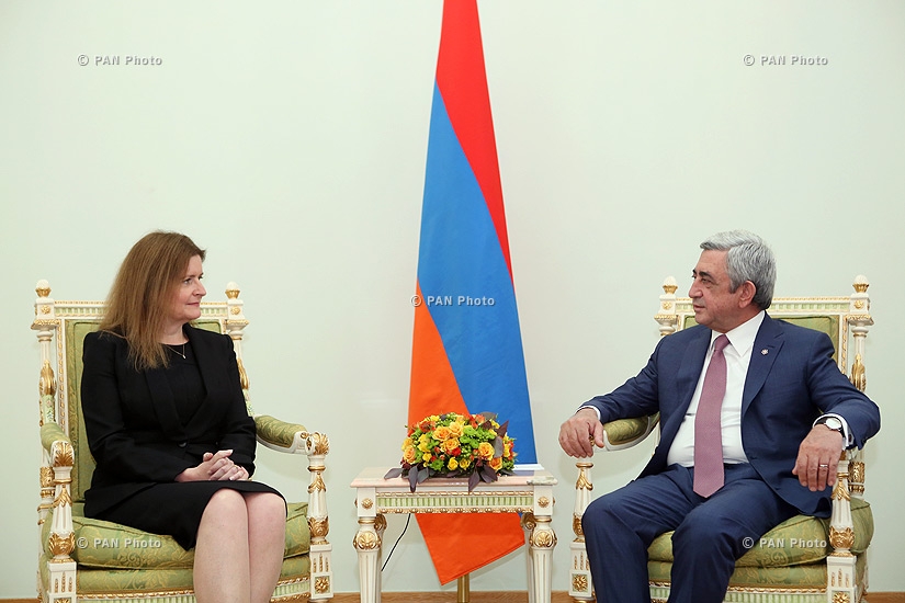 United Kingdom’s newly appointed Ambassador to Armenia Judith Farnworth hands her credentials to RA president Serzh Sargsyan