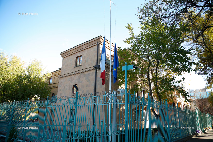 People put flowers in front of French Embassy in Armenia in honor to