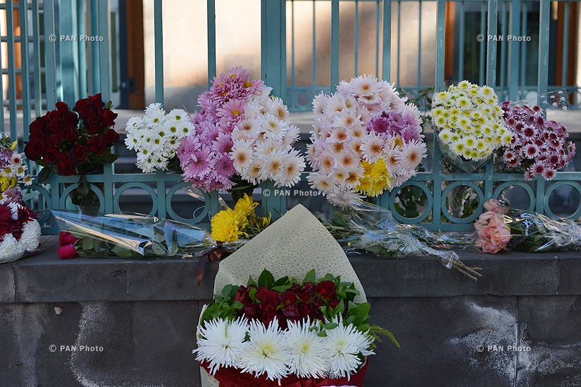 People put flowers in front of French Embassy in Armenia in honor to the victims of terrorist attack in Paris