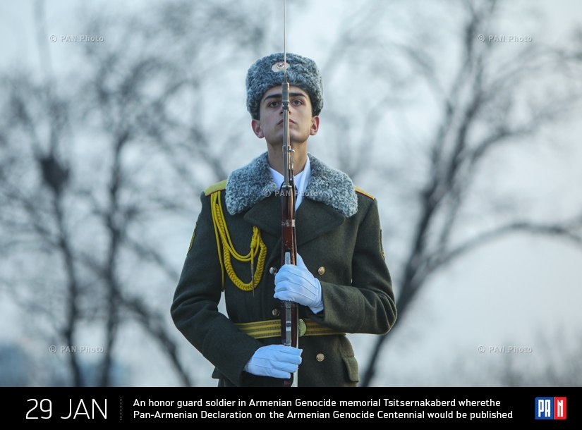 An honor guard soldier in Armenian Genocide memorial Tsitsernakaberd where the Pan-Armenian Declaration on the Armenian Genocide Centennial would be published
