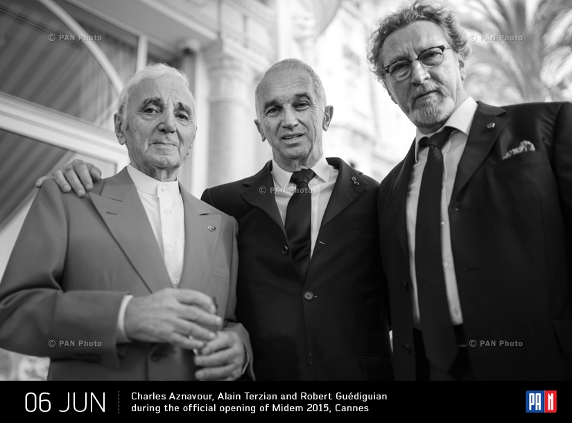 Charles Aznavour, Alain Terzian аnd Robert Guédiguian during the official opening of  Midem 2015 in Cannes