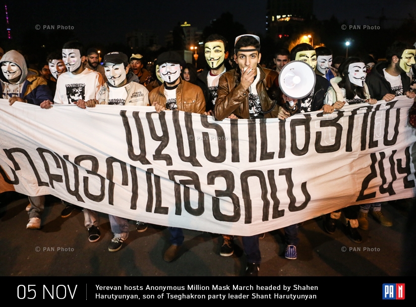 Yerevan hosts Anonymous Million  Mask  March headed by Shahen Harutyunyan, son of Tseghakron party leader Shant Harutyunyan