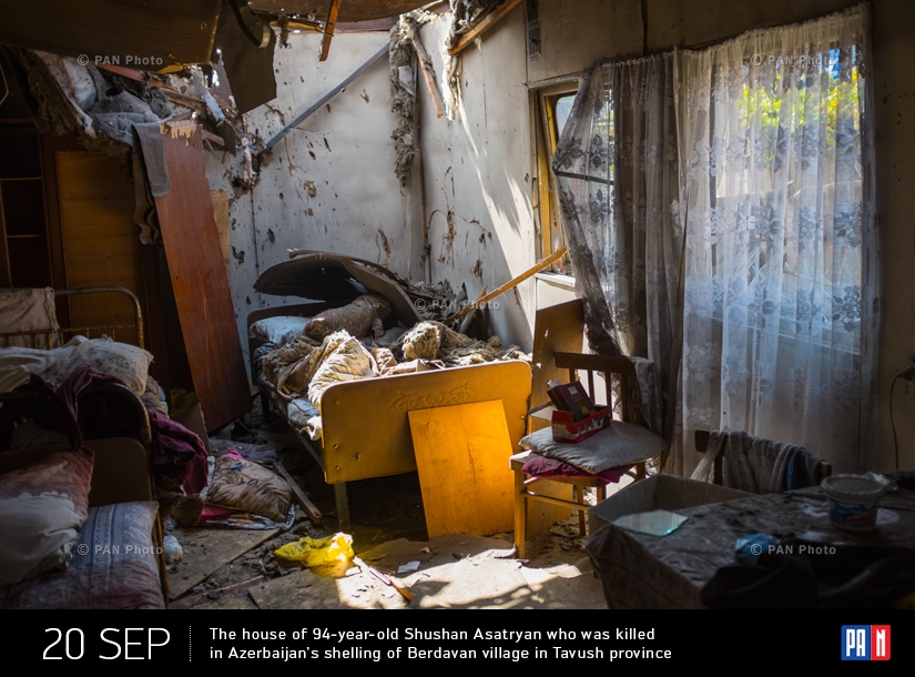 The house of 94-year-old Shushan Asatryan who was killed in Azerbaijan's shelling of Berdavan village in Tavush province