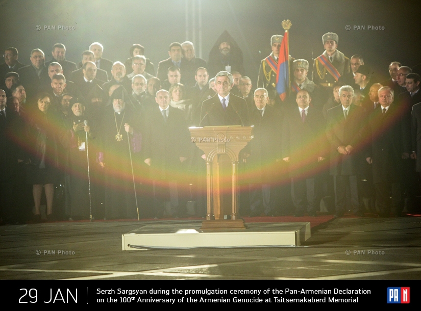 Armenian President Serzh Sargsyan during the promulgation ceremony of the Pan-Armenian Declaration on the 100th Anniversary of the Armenian Genocide at Tsitsernakaberd Memorial