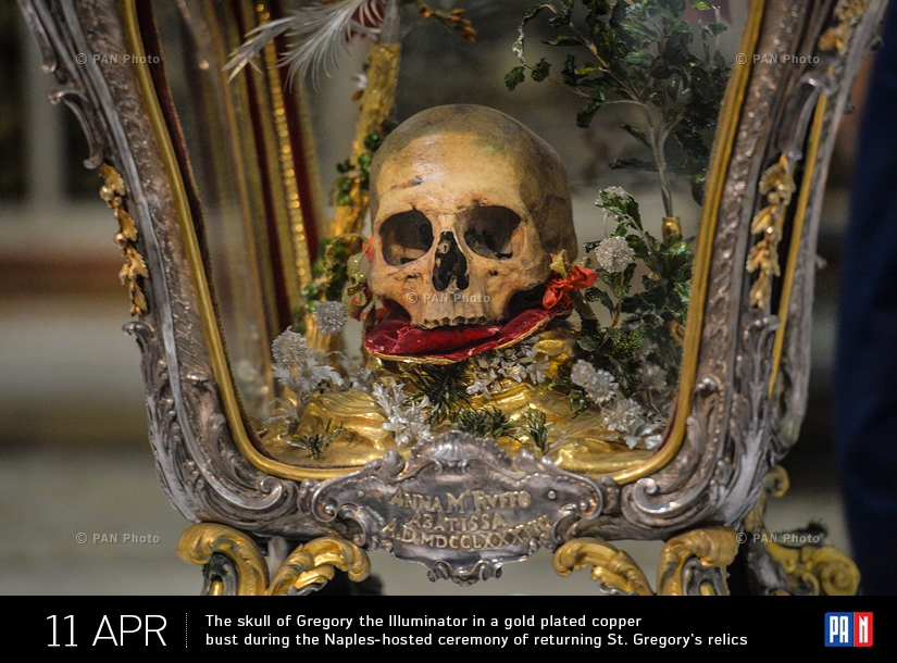 The skull of Gregory the Illuminator in a gold plated copper bust during the Naples-hosted ceremony of returning St. Gregory's relics (In the 8th century, the Armenian Virgins took the greater part of the relics to Naples in Italy, where the church of San