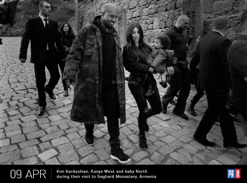 Kim Kardashian, Kanye West and baby North during their visit to Geghard Monastery, Armenia