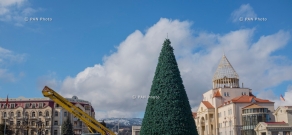Stepanakert Christmas tree being taken down