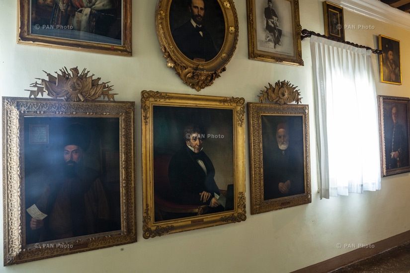 The portraits of the congregation's main benefactors and friends displayed on the wall of the corridor adjacent to Matenadaran museum of the main monastery of Mchetarist Congregation