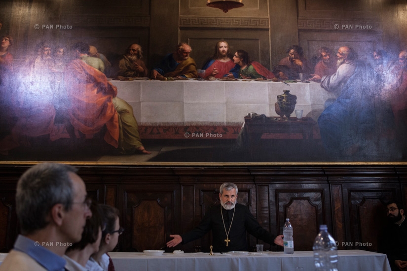 The Abbot of the Mekhitarist Congregation, His Grace Patriarch Eghia Ts. Archimandrite Kilaghpean, delivering his welcome speech and Easter greetings to the Armenian colony present at the Easter's ''table of love'', in the refectory of mayravank (mother m