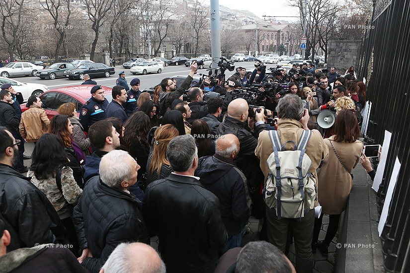 Journalists protest against Republican MP Mher Sedrakyan near the building of Armenian National Assembly