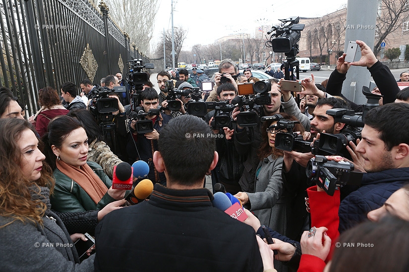 Journalists protest against Republican MP Mher Sedrakyan near the building of Armenian National Assembly