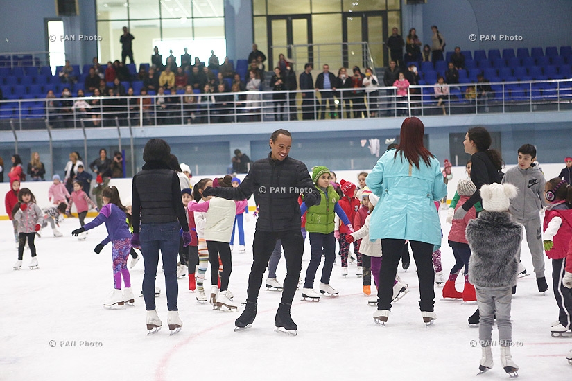 Canadian figure skater Elladj Baldé gives master class to children in Yerevan youth sport school of figure skating and ice-hockey after Irina Rodnina