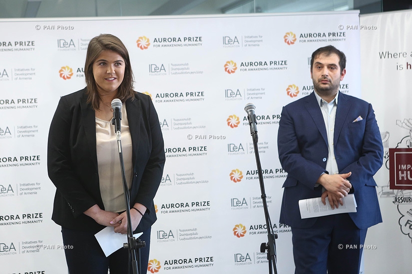 Press conferencee of 100LIVES and Aurora Prize project CEO Arman Jilavyan and project's Director of Communications Armine Afeyan 