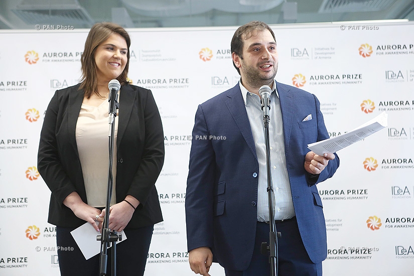 Press conferencee of 100LIVES and Aurora Prize project CEO Arman Jilavyan and project's Director of Communications Armine Afeyan 