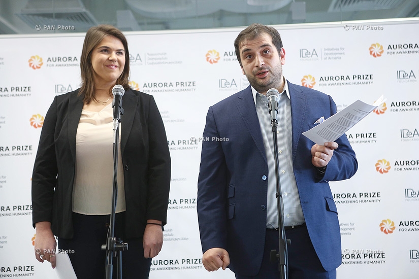 Press conferencee of 100LIVES and Aurora Prize project CEO Arman Jilavyan and project's Director of Communications Armine Afeyan 