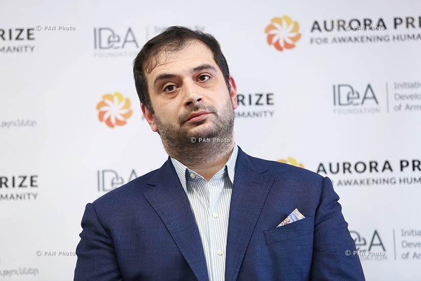 Press conferencee of 100LIVES and Aurora Prize project CEO Arman Jilavyan and project's Director of Communications Armine Afeyan 