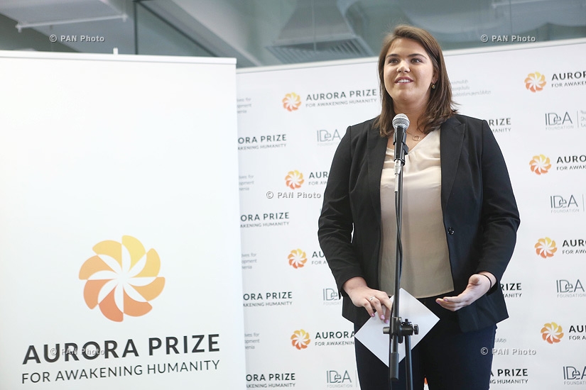 Press conferencee of 100LIVES and Aurora Prize project CEO Arman Jilavyan and project's Director of Communications Armine Afeyan 