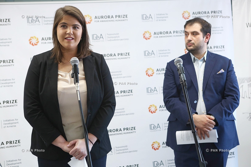 Press conferencee of 100LIVES and Aurora Prize project CEO Arman Jilavyan and project's Director of Communications Armine Afeyan 