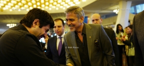 Serzh Sargsyan, George Clooney, Noubar Afeyan and Vartan Gregorian watch Refugees Installation, organized in the framework of 2nd Global Forum ‘Against the Crime of Genocide’