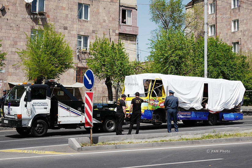 Exploded bus on Halabyan street, Yerevan
