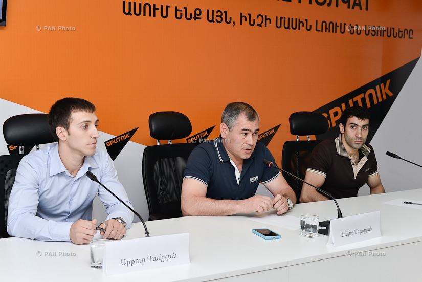 Press conference of Armenia gymnastics team head coach Hakob Serobyan and silver medalists of European Gymnastics Championships Vahagn Davtyan and Artur Davtyan