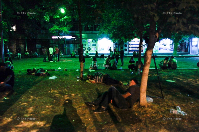 Night after the protest at Khorenatsi Street near Yerevan's seized police department