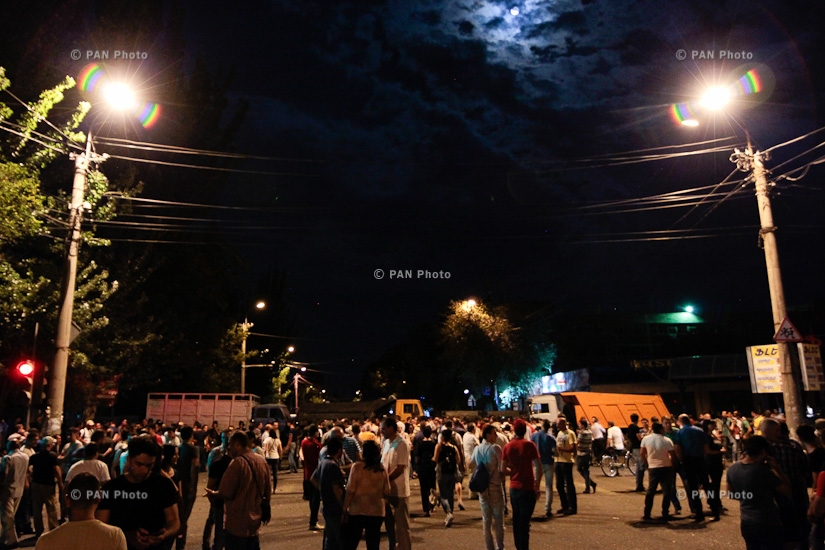 Night after the protest at Khorenatsi Street near Yerevan's seized police department