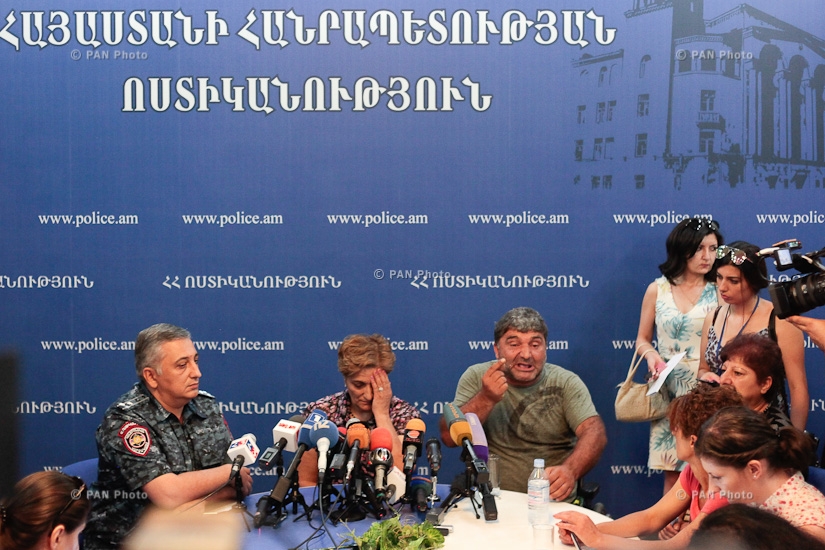 Press conference of Meruzhan Soghomonyan and Merine Papikyan, the parents of suspected member of the armed group that stormed and seized a police HQ in Yerevan