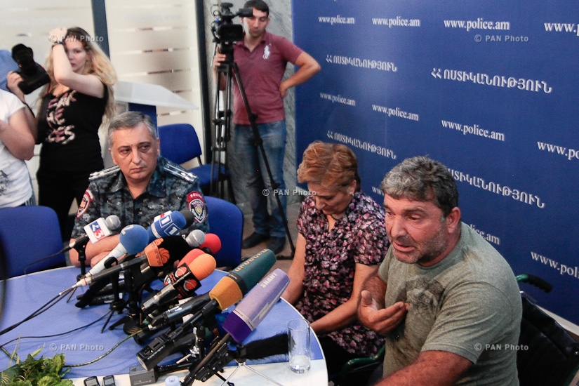 Press conference of Meruzhan Soghomonyan and Merine Papikyan, the parents of suspected member of the armed group that stormed and seized a police HQ in Yerevan
