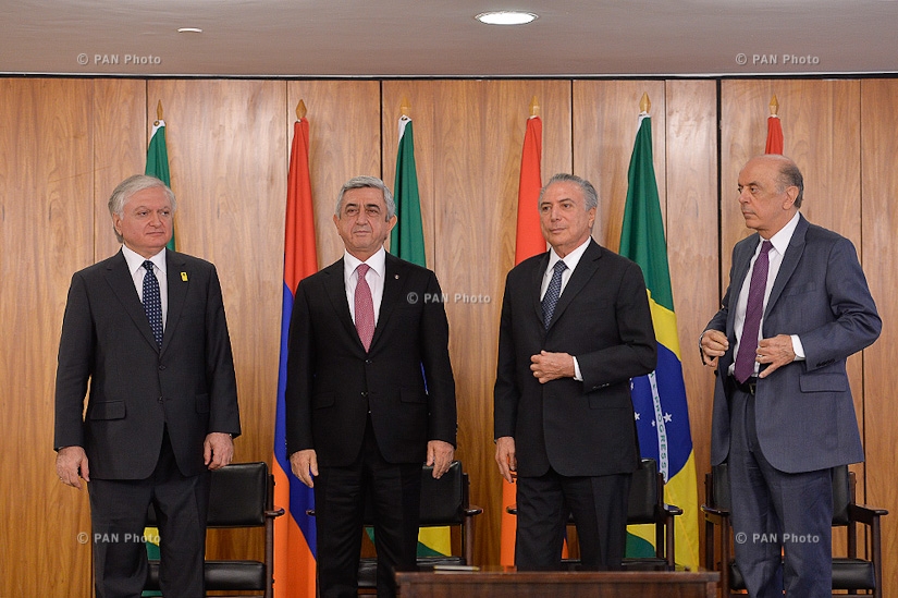 Armenian president Serzh Sargsyan meets with the Acting President of Brazil Michel Temer