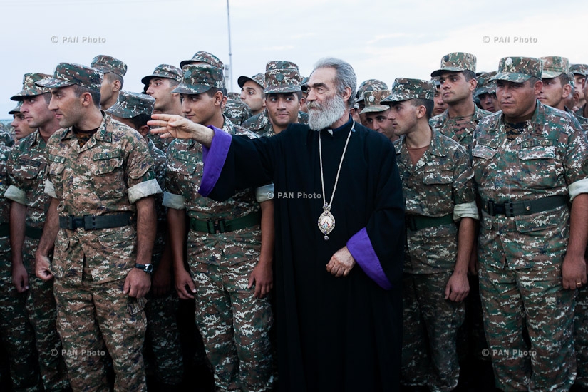 Catholicos of All Armenians Karekin II, accompanied by members of the Supreme Spiritual Counci visits military unit in Artsakh