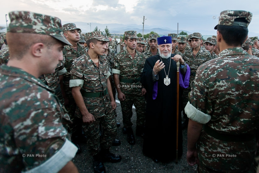 Catholicos of All Armenians Karekin II, accompanied by members of the Supreme Spiritual Counci visits military unit in Artsakh