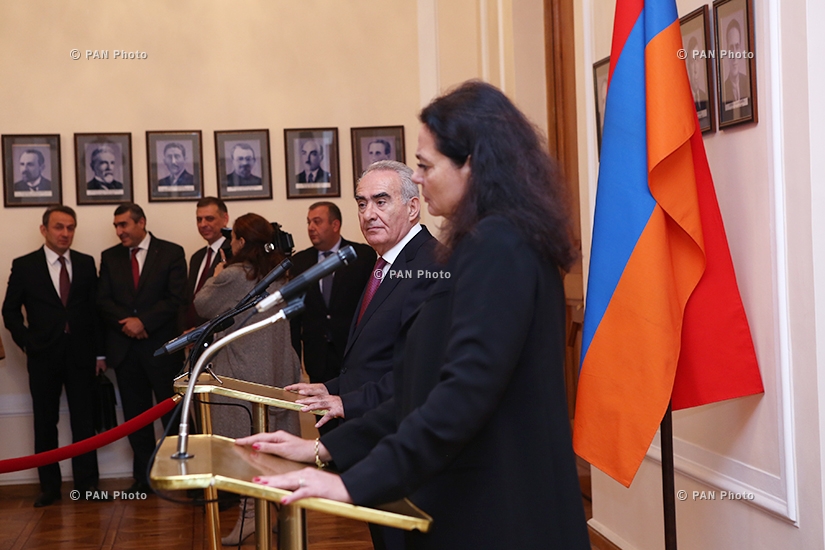 Armenian National Assembly Speaker Galust Sahakyan and President of Belgian Senate Christine Defraigne issue statement for the media